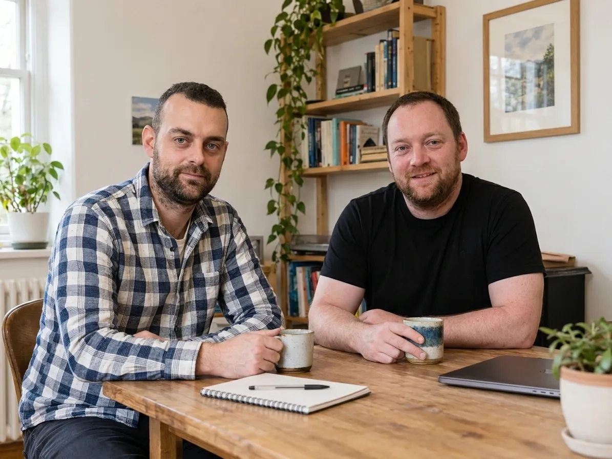 Photo concept showing two fictional colleagues at a wooden table in a small, naturally lit office