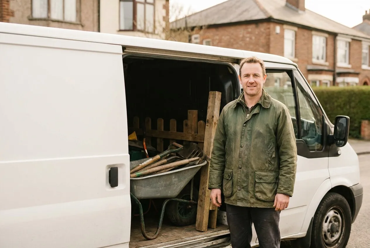 A landscaper standing beside his van