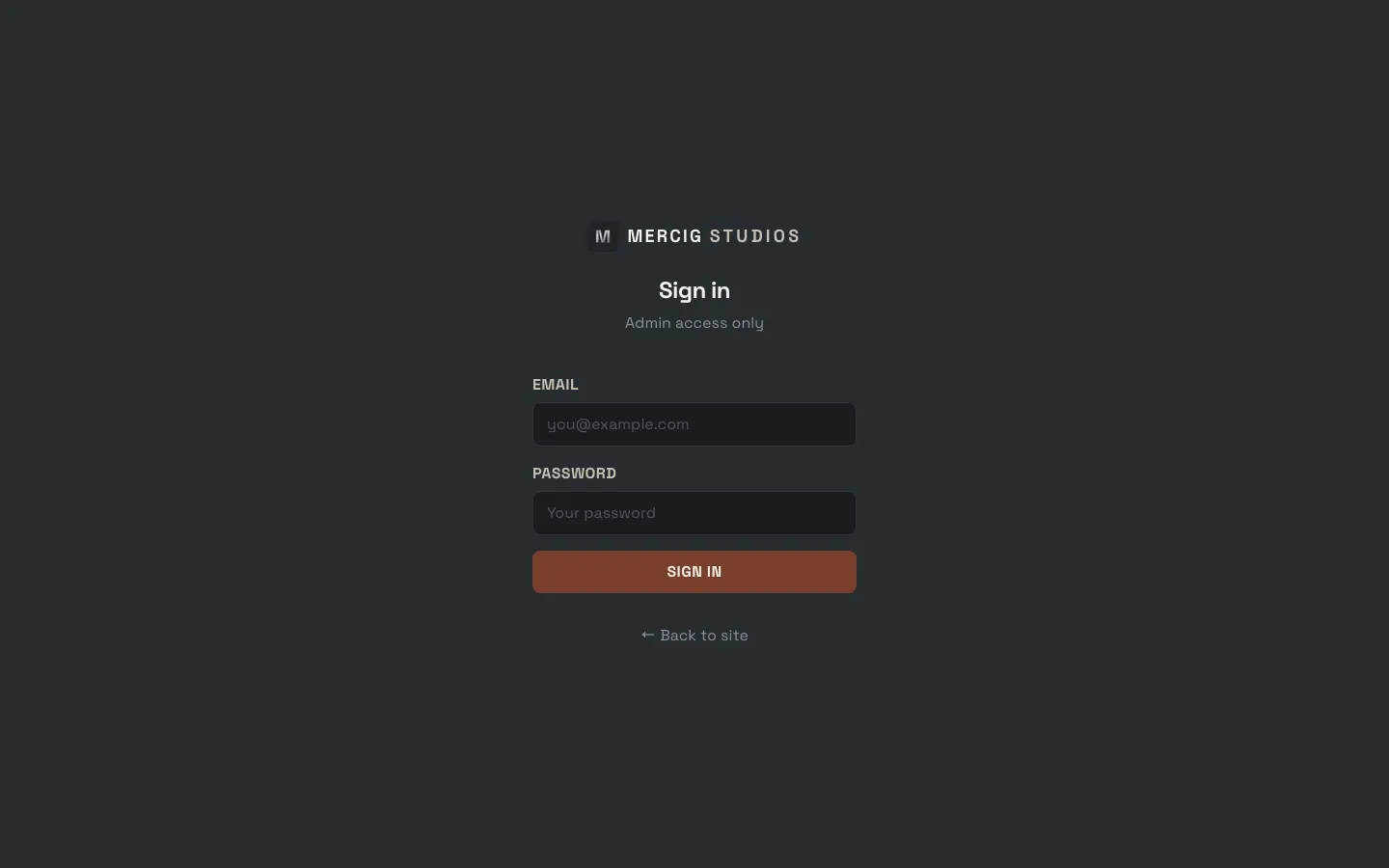 The sign-in page for the Mercig Studios gallery admin