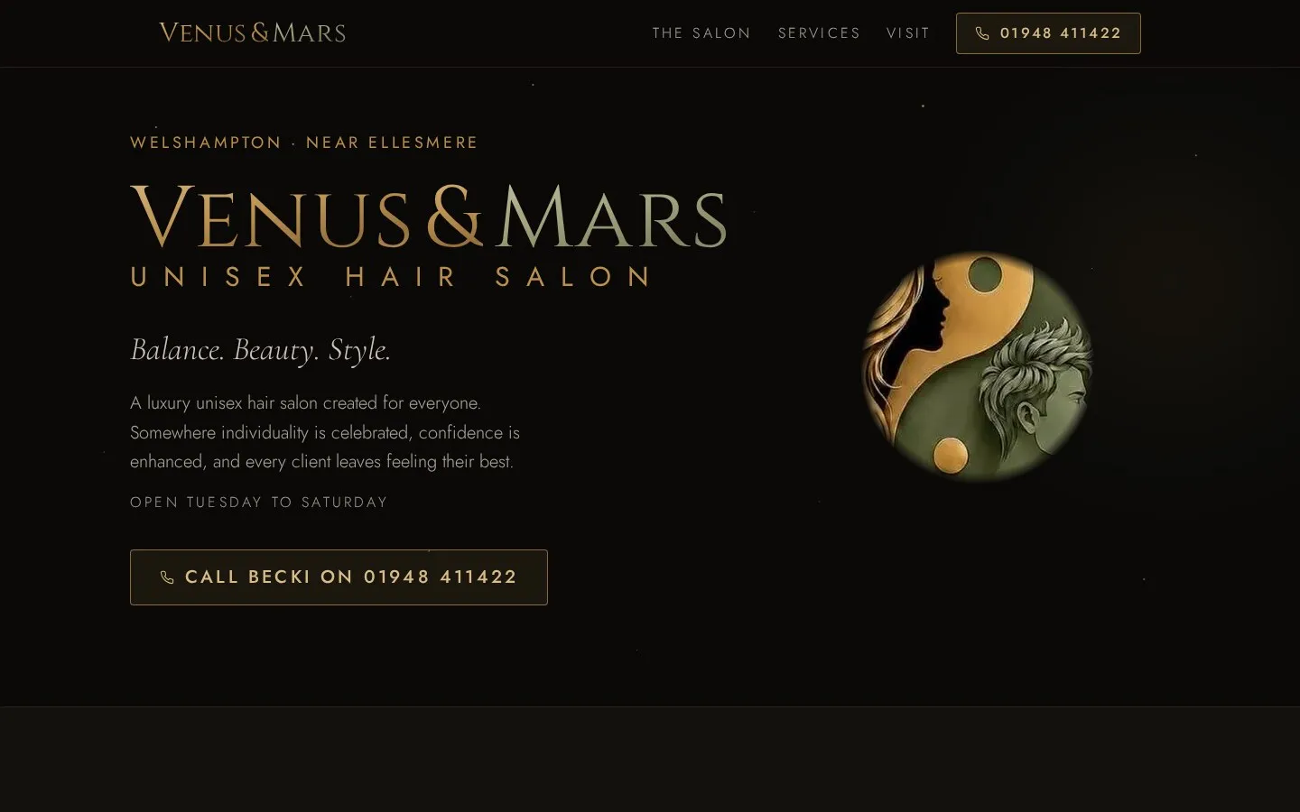 Venus & Mars website showing the salon name and contact information